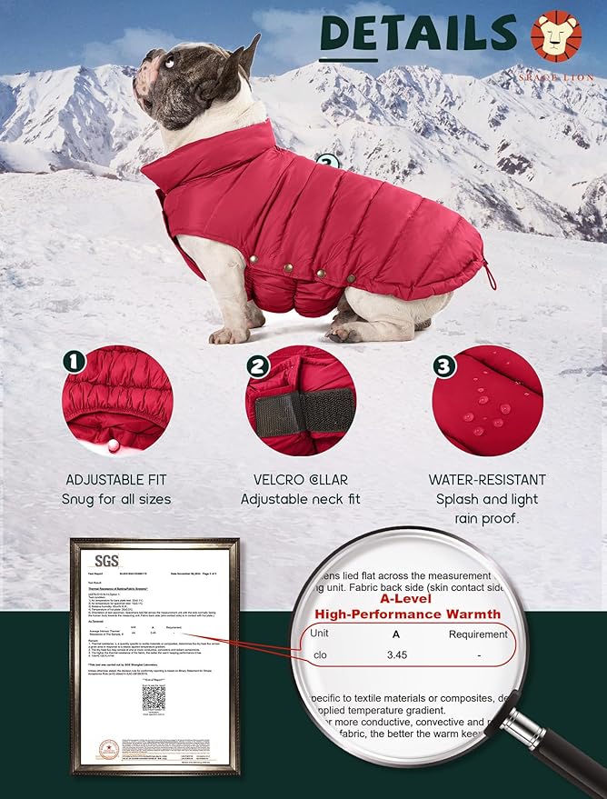 SPACE LION Puffer Jacket, Down Winter Coat, Durable Outdoor Coat for Cold and Windy Conditions, Waterproof, Windproof, Lightweight Jacket, Adjustable Fit for Medium, Large Dogs(Red,XL)