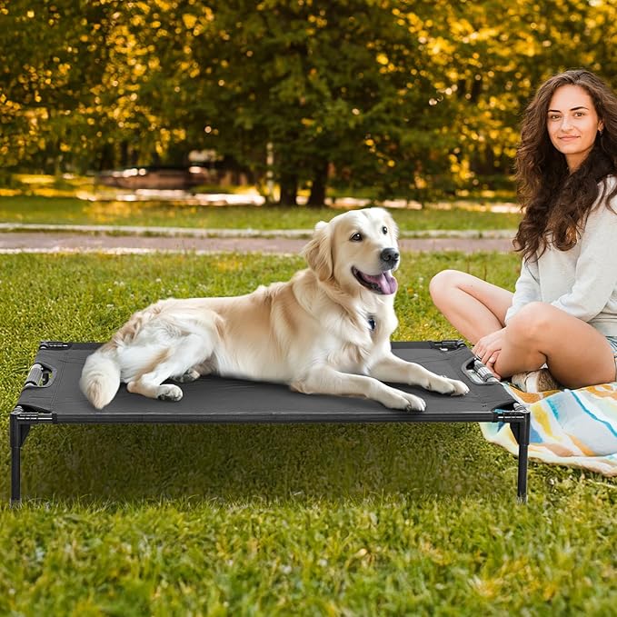 Petsfit Cooling Elevated Raised Dog Bed- Outdoor Pet Cot for Large Dogs, Upgraded Adjustable Firmness Pet Bed，Dog Hammock Bed with Durable Breathable Teslin Mesh，Non Slip, Black 48”