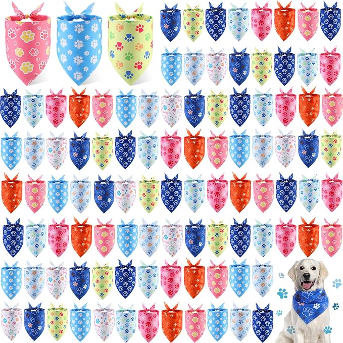 100 Pieces Paw Print Dog Bandanas Bulk Paw Bandanas for Dogs Winter Soft Bibs Adjustable Triangle Doggie Scarves for Small Medium Large Pets Party Costume