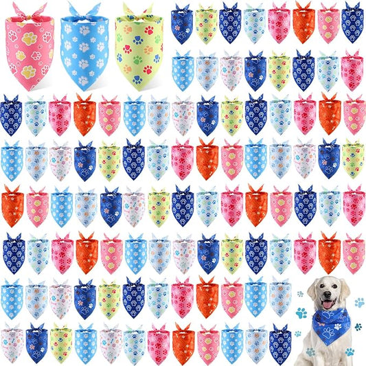 100 Pieces Paw Print Dog Bandanas Bulk Paw Bandanas for Dogs Winter Soft Bibs Adjustable Triangle Doggie Scarves for Small Medium Large Pets Party Costume
