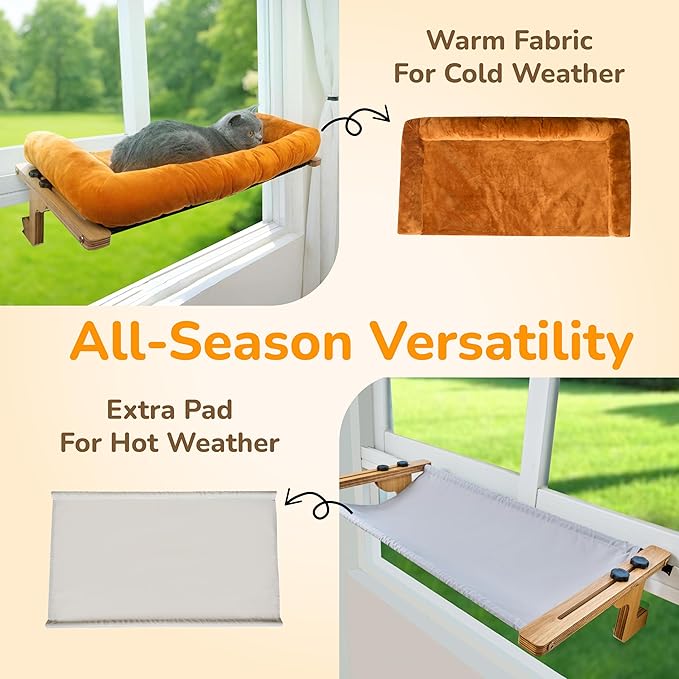 45LBS Capacity Cat Window Perch with Bolster, Hammock Seat with Premium Plywood & Metal Frame, Cat Window Bed for Indoor Cats & Kittens, Extra Cood Pad (Natural Wood & Brown Cushion, 24.8''W x 9.4''H)