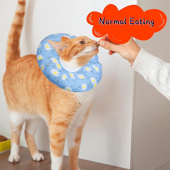 Cat Cone Collar Soft, Adjustable Cat Recovery Collars Kitten Cones to Stop Licking, Cute Donut E Collar After Surgery, Wound Healing Elizabethan Collar for Kitten(Blue Daisy, Large)