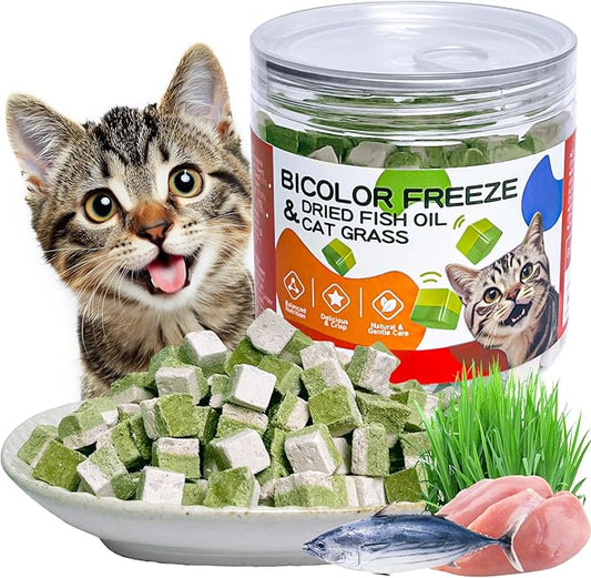 Freeze-Dried Cat Grass Treats with Omega-3 Fish Oil Blend - Hairball Control, Skin & Coat Health for Cats (Chicken & Fish Oil, 1.76 oz)