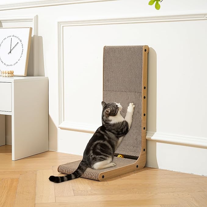 Cat Scratcher, 26.8 Inch L-Shaped Cat Scratch Pad with Wall-Friendly Arc, Cardboard Cat Scratching Board with Ball Toy for Indoor Cats