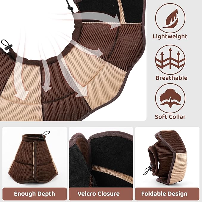 SUNFURA Dog Cones for Large Dogs, Soft Pet Cone Stop Licking After Surgery, Adjustable Pet E-Collar Alternative for Wound Healing, Brown X-Large