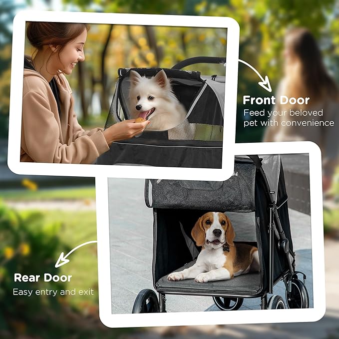 PawHut Dog Stroller for Large Medium Small Dogs up to 66 Lbs. 23.5" in Body Length, One-Click Foldable Pet Cat Stroller with Storage, Shock Absorption Wheels, Mesh Window, Safety Leash, Gray