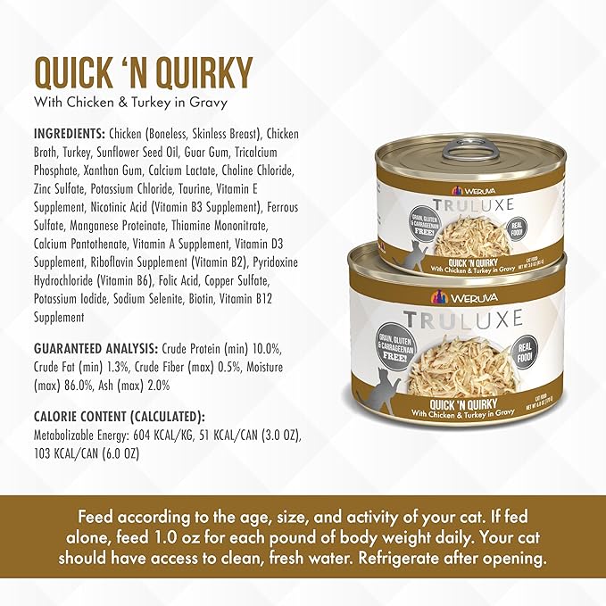 Weruva TruLuxe Cat Food, Quick 'N Quirky with Chicken & Turkey in Gravy, 6oz Can (Pack of 24)