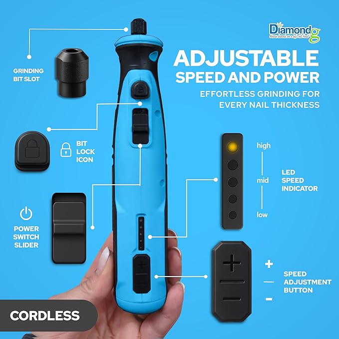 Diamondg Cordless Dog Nail Grinder with Quiet Sound & LED Tip for Large & Small Dogs, 4hrs. Runtime, 2 Bits Included, Blue