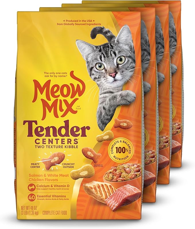 Meow Mix Tender Centers Salmon & White Meat Chicken Flavors Cat Food, 3 Pound (Pack of 4), Crunchy Outside Meaty Inside