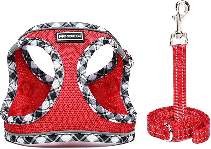 Mercano Soft Mesh Dog Harness and Leash Set, No-Chock Step-in Reflective Breathable Lightweight Easy Walk Vest Harnesses with Safety Buckle for Small Dogs, Cats (Red, L)