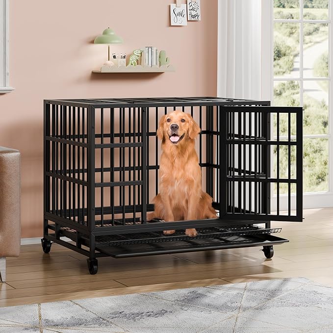 Vongrasig 48/38 "Heavy Duty Indestructible Dog Cages Double Door Escape Cage Kennel, Reinforced Metal Pet Cage, Oversized XL XXL Cage for Large Dogs with Removable Tray