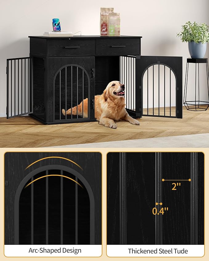 39.4'' Large Dog Crate Furniture with 2 Storage Drawers, Heavy Duty Dog Kennel Indoor with Charging Station, Wooden Dog Cage End Table Kennel for Medium/Large Dogs, Black DFC84204B