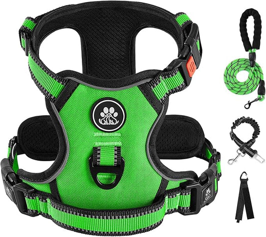 IVY&LANE No Pull Dog Harness for Large Dogs, Dog Vest Harness with Leash, Safety Belt and Storage Strap, Fully Adjustable Harness, 360° Reflective Strip, Soft Handle (Green, XL)