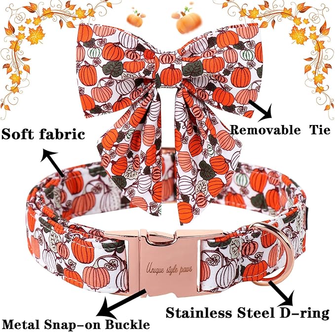 Unique Style Paws Halloween Day Dog Collar with Bowtie Pumpkin Cotton Dog Collars for Small Medium Large Dogs