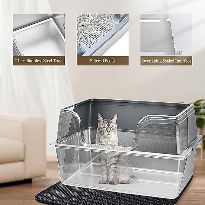 Vealind XXL Stainless Steel Cat Litter Box High Sided with Lid 23.7" L x 16" W x 14" H Anti Leakage Extra Large Metal Cat Litter Tray with Scoop and Mat for Big Cats (Grey)