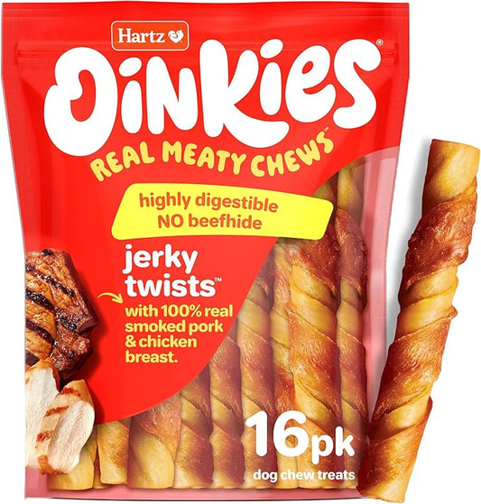 Hartz Oinkies Porkalicious Smoked Pig Skin Jerky Twists Dog Treats, 16pk