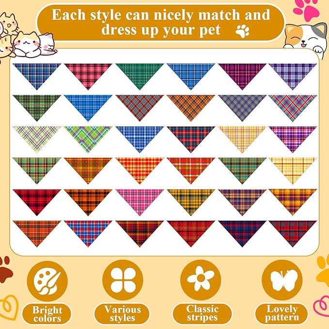 72 Pcs Plaid Dog Bandanas Bulk Triangle Scarf Cat Bibs Puppy Scarf Stripe Bandanas for Puppy Cat Birthday Party Costume