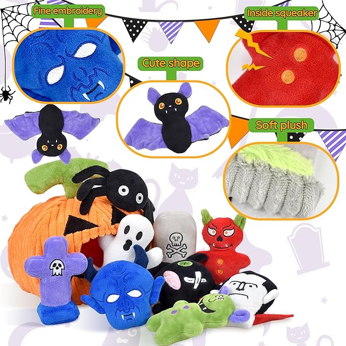 Halloween Dog Toys Set, 11 Pack Squeaky Dog Toys for Aggressive Chewers, Pumpkin Assorted Puppy Toys to Keep Them Busy, Toys Gift for Large Medium Small Dogs