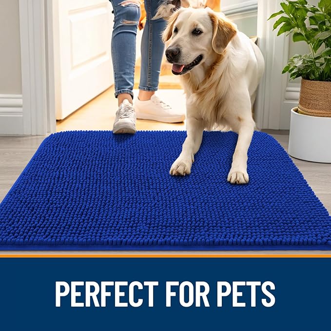 OLANLY Dog Door Mat for Muddy Paws 70x35, Absorbs Moisture and Dirt, Absorbent Non-Slip Washable Doormat, Quick Dry Chenille Mud Mat for Dogs, Entry Indoor Entryway Carpet for Inside Floor, Royal Blue