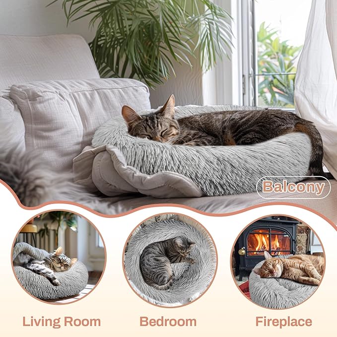 Cat Bed - Calming Cat Bed for Small Kittens Donut Washable Round for Indoor Kittens and Puppies, Anti-Slip Round Fluffy Plush Faux Fur, Medium, Light Grey