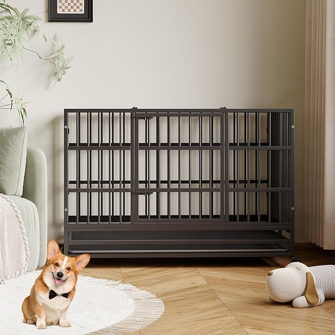 Heavy Duty Metal Dog Crate, 48.5 in Extra Large Double Door Dog Cage with Wheels, Folding Indoor Pet House with Removable Tray Perfect for Small, Medium and Large Pets