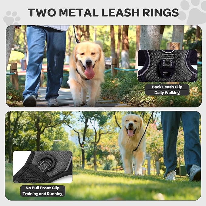 FURRYFECTION Dog Harness | No Pull Dog Harness | Reflective Oxford | Padded Handle | 4 Adjustable Straps | 2 Leash Clips | No Choke Pet Vest Harness for Small Medium Large Dogs | Black | L