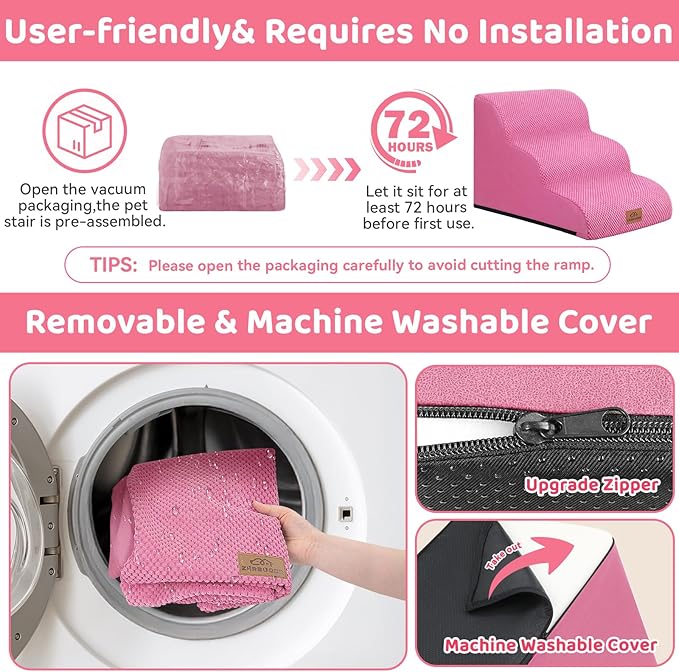 Dog Ramp and Stair for Bed 16" H-20 H,3-Step Cat Stair for Sofa and Chair,4-Step Dog Ramp for High Bed and Window,Durable Nonslip Fabric Cover for Indoor (Pink-20 H, Pet Friendly, 4)