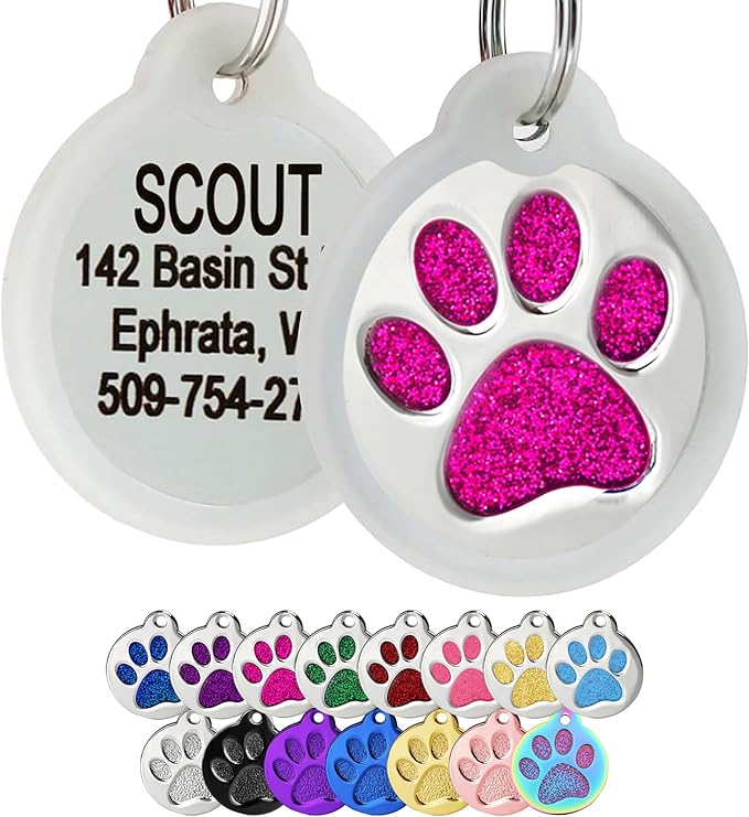 GoTags Paw Print Round Stainless Steel Pet Tag for Dogs and Cats, Personalized with 4 Lines of Custom Engraved ID with Silencer, in Stainless Steel and 15 Colors Small and Large, Glitter Pink
