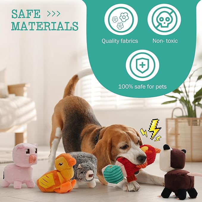 Funny Pixel Style Squeaky Dog Toys, 5 Packs Crinkle Plush Stuffed Dog Chew Toy for Small Medium Large Breeds, Unique Puppy Teething Pet Supplies