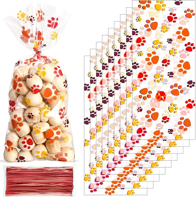 Blulu 100 Pieces Dog Treat Bags Puppy Party Favor Pet Paw Cone Cellophane Bags Candy Heat SealableDog Paw Gift with 100 Pieces Silver Twist Ties for Pet Cat Treat Party Favor(Orange, Brown, Yellow)