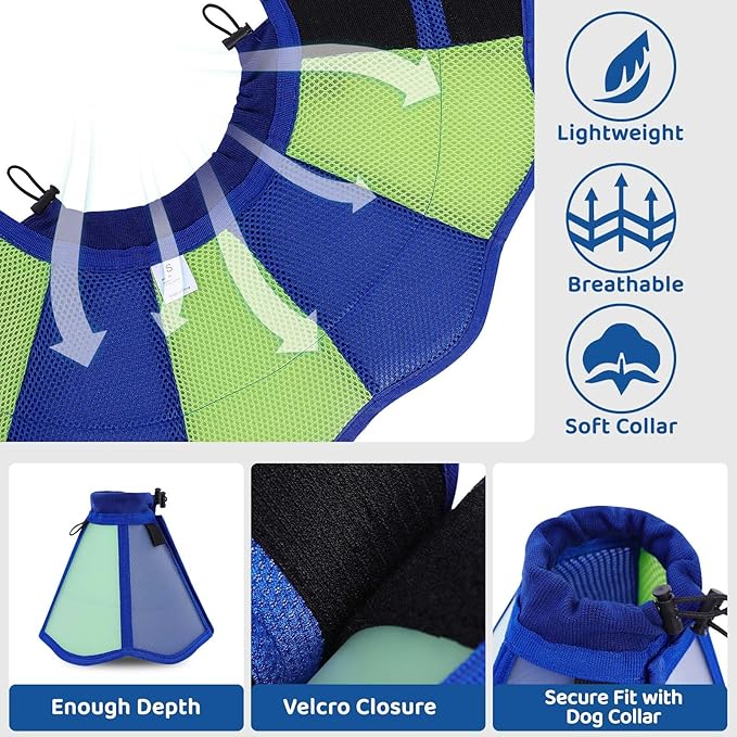 SUNFURA Dog Cone - Soft Cone for Dogs to Stop Licking, Pet E-Collar Alternative After Surgery, Adjustable Pet Recovery Collar for Wound Healing, Blue Green Large