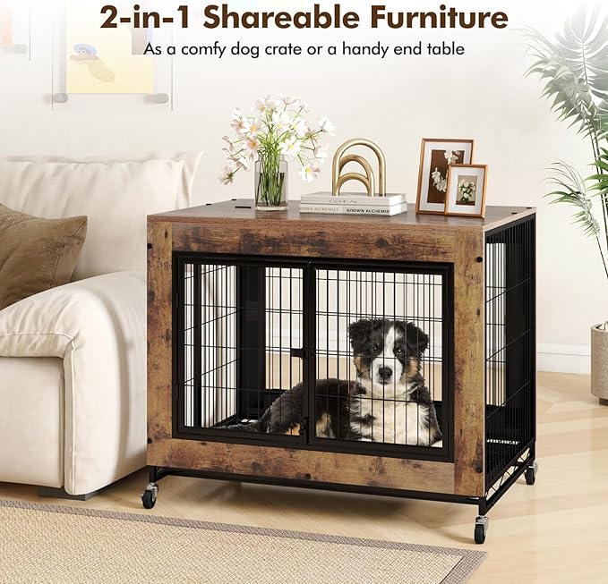 Giantex Dog Crate Furniture with Wheels, 38” Modern Dog Cage with 3 Doors, Flip Top Lid, Removable Pull-Out Tray, Decorative Dog Kennel Indoor Pet House End Table for Medium & Large Dogs (Brown)