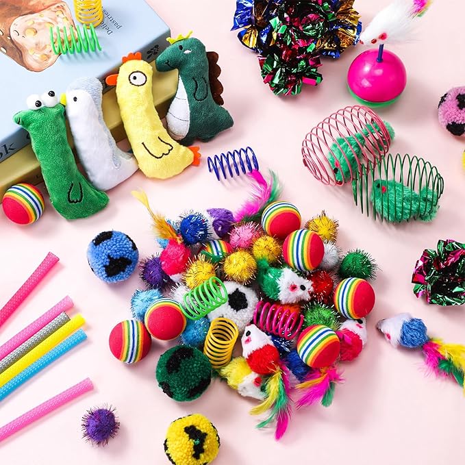 Shappy 150 Pcs Cat Toys Bulk Kitten Toys Pack Variety Funny Interactive Gift Including Mice Rainbow Balls Spring Crinkle Balls for Indoor Cat Kitty Kitten(Novel)