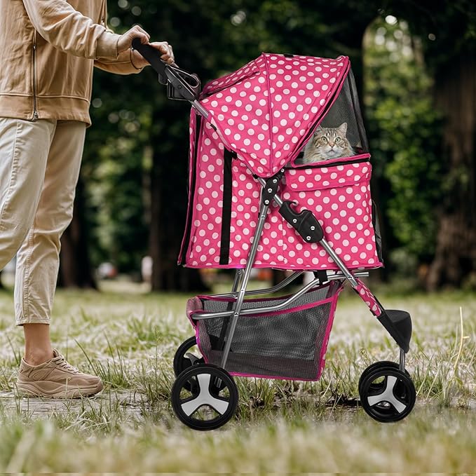 Magshion 3-Wheel Pet Stroller, Foldable Travel Jogger for Small & Medium Dogs & Cats (Up to 33lbs), Lightweight Carrier with Breathable Mesh Cover, Cup Holder & Storage Basket, Hot Pink Polka Dots