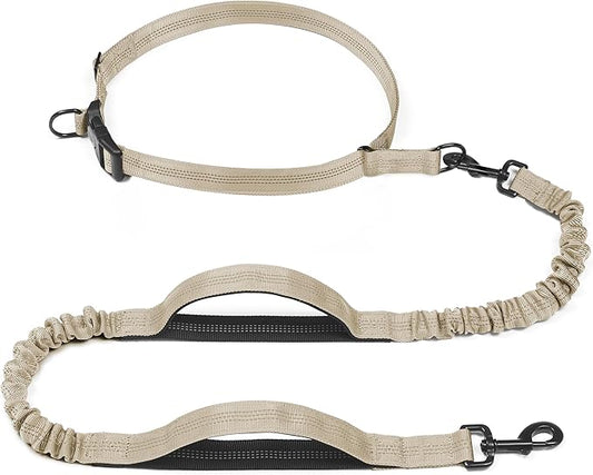 iYoShop Retractable Hands Free Dog Leash - Dual Handle Bungee Waist Leash for Small, Medium and Large Dogs (Medium/Large, 25-150 lbs, Khaki)
