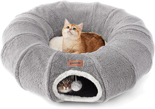 ZOMISA Cat Tunnel Bed for Indoor Cats, Cute Cat Donut Toy Tunnel for Small Large Cats, Peekaboo Pet Cave Play Tunnel for Kitten/Rabbit,Grey