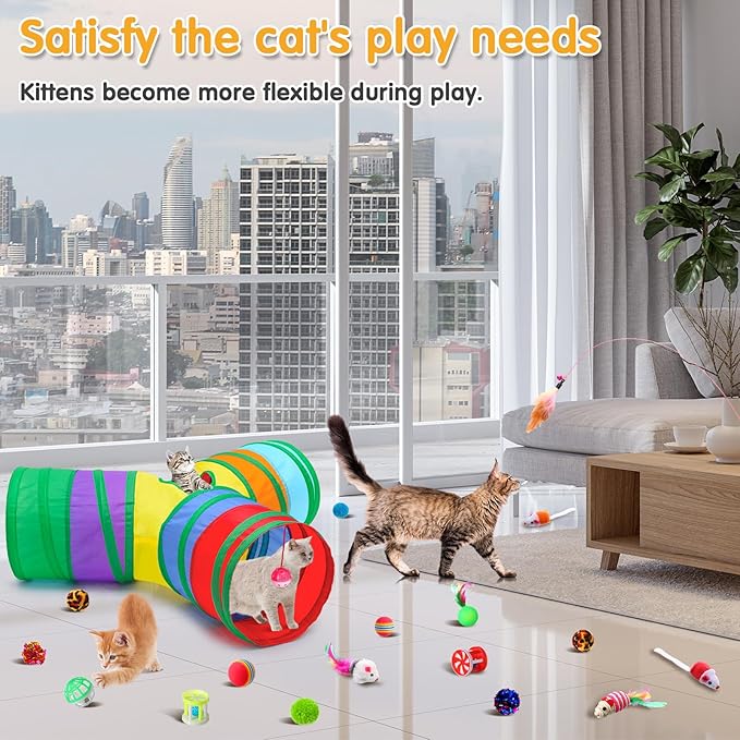 Poen 22pcs Cat Kitten Toys Set with 2 Collapsible Cat Tunnel and 20 Interactive Kitty Feather Toy, Fluffy Mouse, Crinkle Balls, for Kitten Puppy(Multicolor)