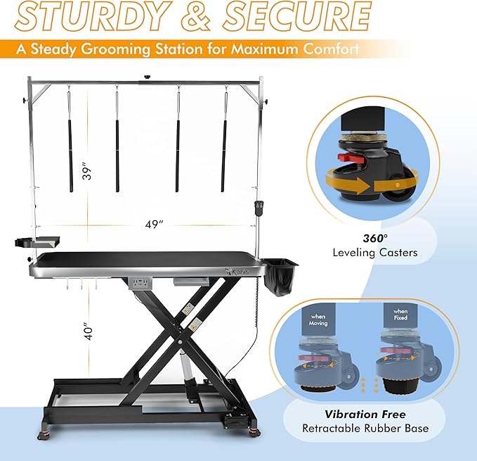 KANIS Professional Electric Dog Grooming Table - Heavy Duty, Height Adjustable Pet Grooming Table w/Leveling Wheels, Grooming Arm, Anti Slip Tabletop & Tool Organizer/Dog Grooming Station (49", BLACK)
