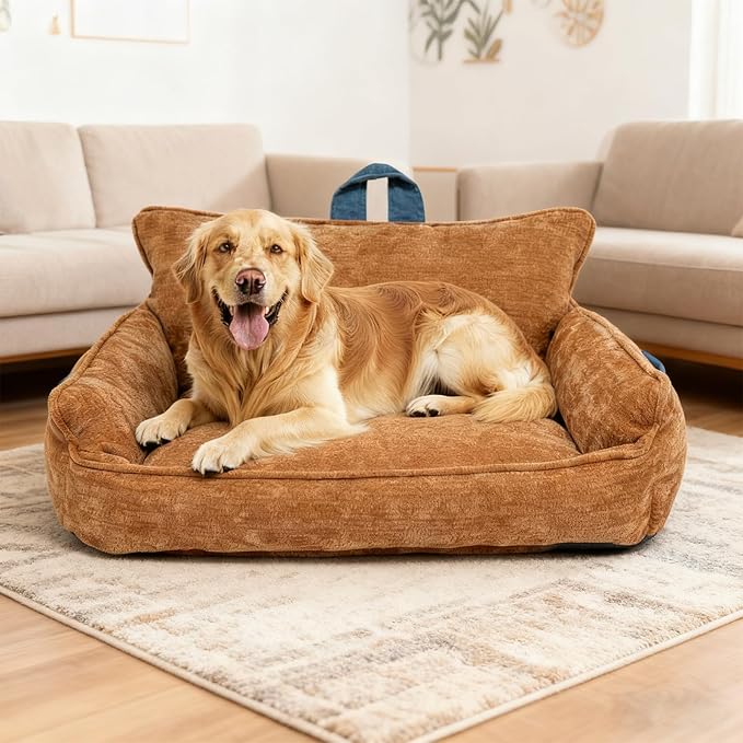 Large Orthopedic Dog Sofa Bed with Sides, Carry Handle & Side Pockets .Plush Chenille Orthopedic Pet Bed Couch for Large Dogs.Portable Snuggler for Indoor Use, Travel & Recovery(Orange)