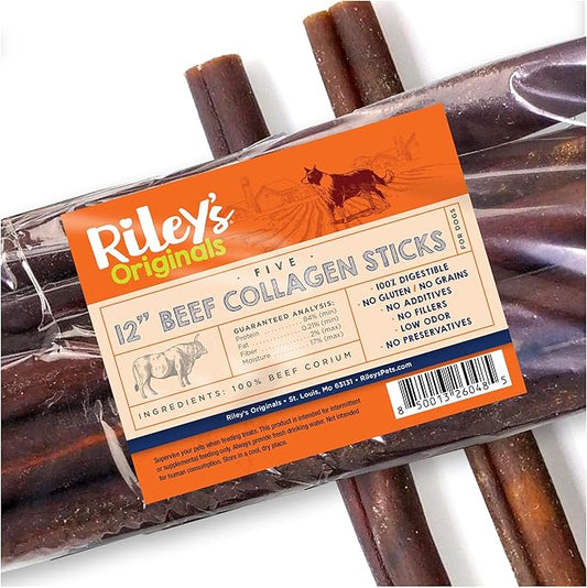 Riley's 12 Inch Beef Collagen Sticks for Dogs, Collagen Chews for Dogs, Bully Stick & Rawhide Alternative, Long Lasting, No Raw Hide Chews, Single Ingredient Dog Treat - 5 ct