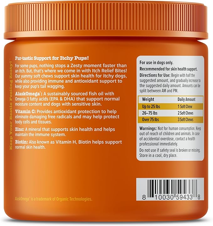 Zesty Paws Itch Relief for Dogs - Chews for Itching Skin & Coat - Omega-3 Fish Oil with EPA & DHA - Dog Allergy Relief Chews Supplement - Vitamin C & E Antioxidant Support - Chicken Flavor - 90 Count
