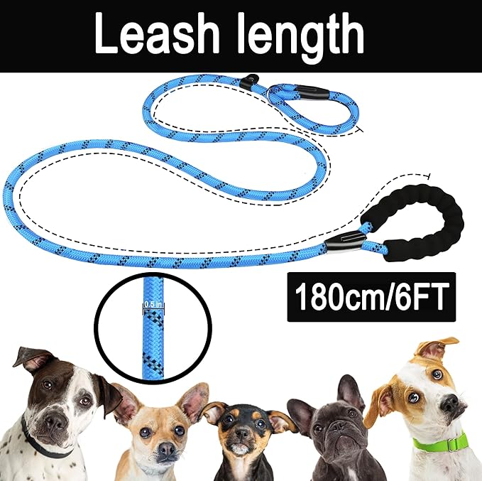 Dog Leash, 6 FT Slip Lead Dog Leashes, Durable Premium Quality Strong Training Rope Slip Leash with Comfortable Padded Handle and Highly Reflective Threads for Small Medium and Large Dogs, (Blue)