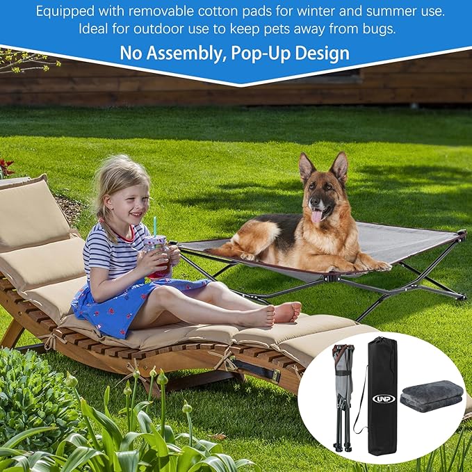 unp Foldable Dog Bed Pop up - 36 x 36 x 10 inch Elevated Pet Cot Outdoor Breathable - Removable Plush Pad & Carrying Bag Raised Dog Camping Bed (Grey, L PRO)