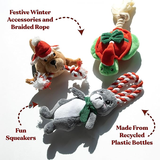 Dog Toys | Holiday Plush Toy Bundle - Walrus, Hare, Turtle Stuffed Animal for Dogs (Value 3-Pack) | Small Eco Friendly Toy - Easy to Clean and Made from Non Toxic Materials