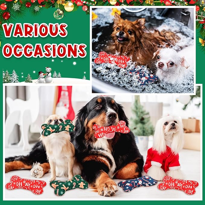 6 Pack Christmas Dog Squeaky Bone Toys Plush Interactive Dog Pets Birthday Bone Shape Stuffed Chew Toys for Puppy Small Medium Large Squeak Toss Play