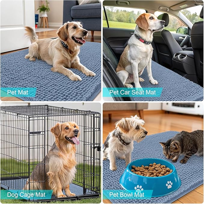 OLANLY Dog Door Mat for Muddy Paws 36x24, Absorbs Moisture and Dirt, Absorbent Non-Slip Washable Doormat, Quick Dry Chenille Mud Mat for Dogs, Entry Indoor Entryway Carpet for Inside Floor, Airy Blue