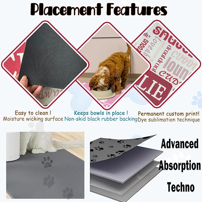 Personalized Dog Food Mat with Photo Name Custom Non Slip Pet Feeding Mat Waterproof Backing Absorbent Fabric Dog Cat Bowls