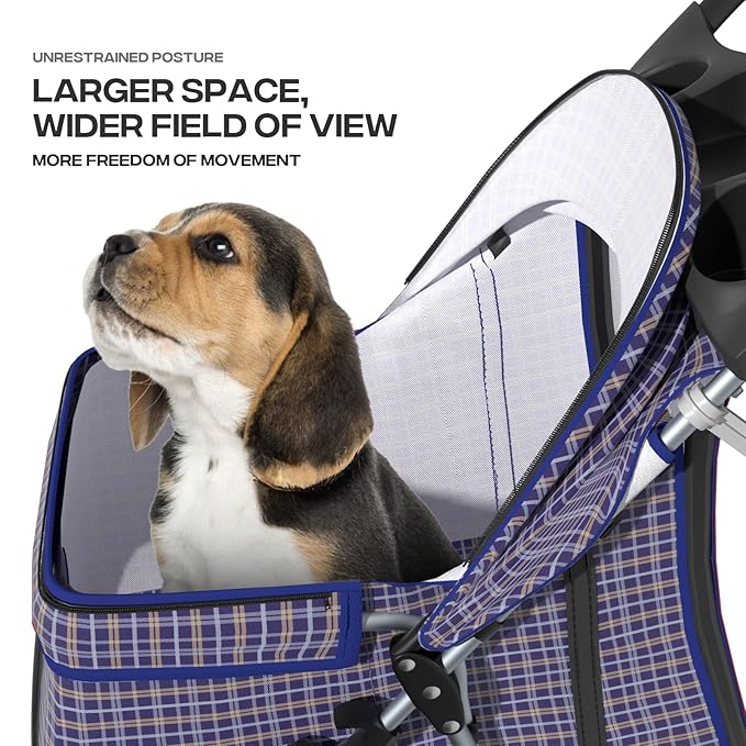 Cat Dog Stroller,3-Wheels Pet Stroller for Medium/Puppy Dogs 30 Lbs, Cat Strollers for 1 Cats, Foldable Dog Stroller with Storage Basket and Cup Holder, Breathable Mesh Plaid