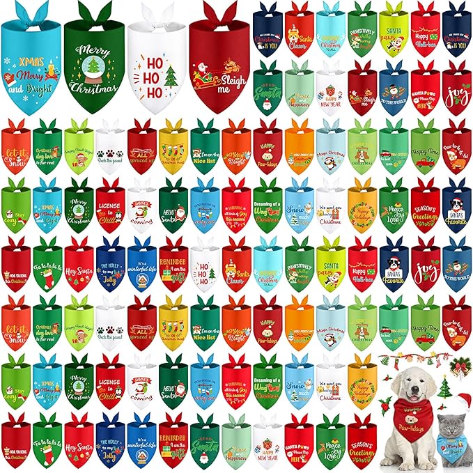 200 Pcs Christmas Dog Bandanas Bulk with Holiday Sayings, Washable Adjustable Pet Triangle Scarf Bibs, Xmas Grooming Accessories for Small Medium Large Dogs Cats Christmas Costume Decor