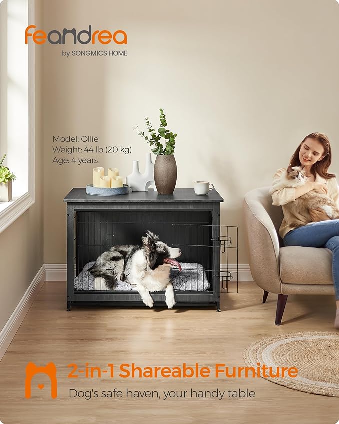 Feandrea Dog Crate Furniture, 38.6" Side End Table, Modern Kennel for Dogs Indoor up to 70 lb, Heavy-Duty Dog Cage with Multi-Purpose Removable Tray, Double-Door Dog House, Ink Black UPFC003B01